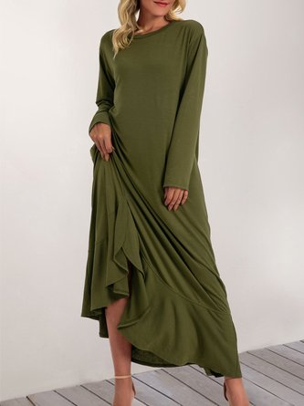 Olive Green Long Sleeve Crew Neck Maxi Dress
