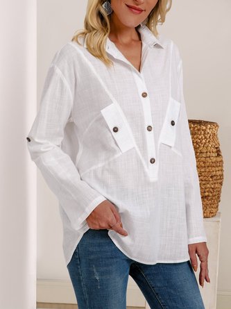 White Plain Cotton-Blend Shift Long Sleeve Shirts Top