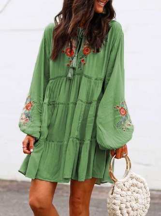 Plus Size Long Sleeve Floral Tassel Charm Elegant Casual Mini Dress