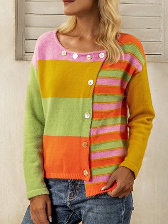 Yellow Shift Color-Block Acrylic Casual Sweater