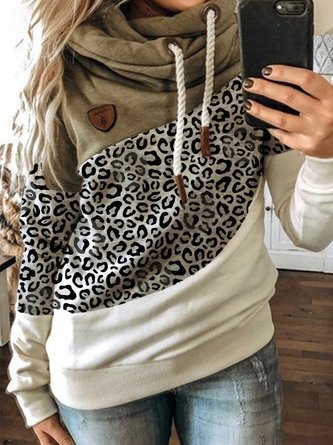 Army Green Casual Cotton-Blend Hoodie Color-Block Sweatshirt