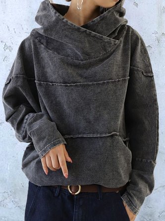 Deep Gray Vintage Long Sleeve Turtleneck Hoodie Sweatshirt