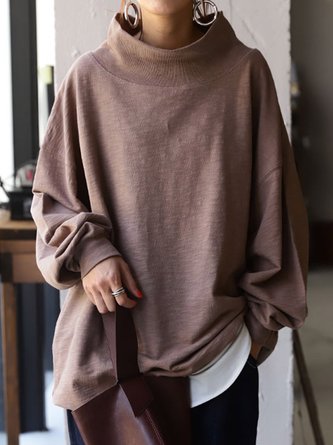 Deep Pink Turtleneck Casual Solid Sweatshirt