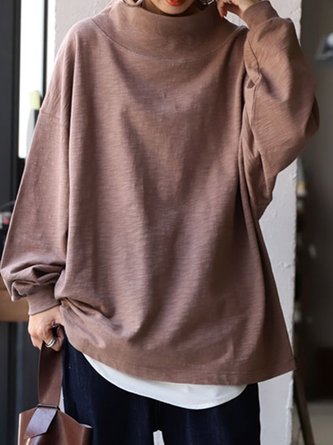 Deep Pink Turtleneck Casual Solid Sweatshirt