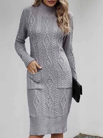 Pockets Long Sleeve Solid Sweater Dress
