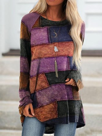 Floral-Print Crew Neck Long Sleeve Casual Top