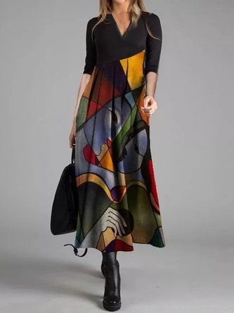 Retro printing stitching urban leisure V Neck Vintage Dress