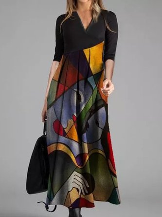 Retro printing stitching urban leisure V Neck Vintage Dress