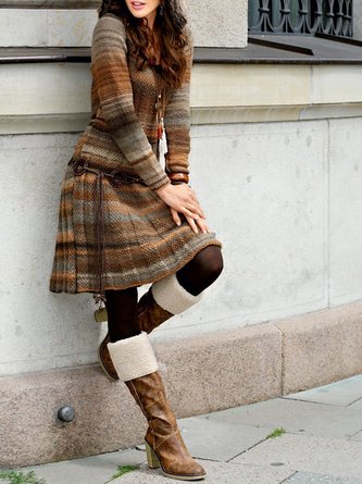 Brown Casual Vintage Ombre/Tie-Dye Long Sleeve A-Line Dress