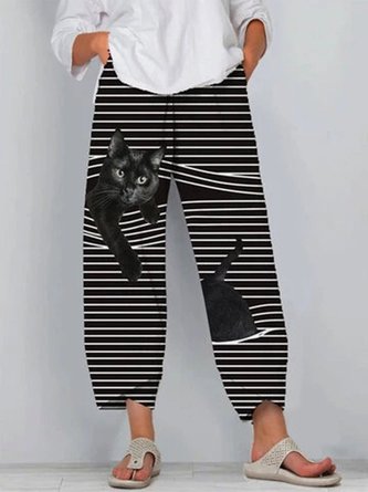 vBlack Cat Print Striped Patchwork Elastic Waist Plus Size Pants