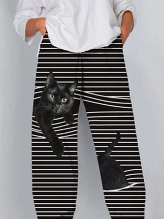 vBlack Cat Print Striped Patchwork Elastic Waist Plus Size Pants