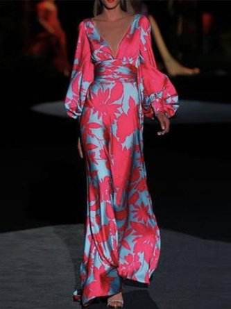 V Neck Long Sleeve  Holiday Floral Dress