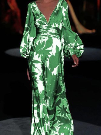 V Neck Long Sleeve  Holiday Floral Dress