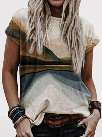 Plus Size Cotton-Blend Crew Neck Short Sleeve Floral Top