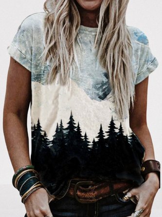 Plus Size Cotton-Blend Crew Neck Short Sleeve Floral Top