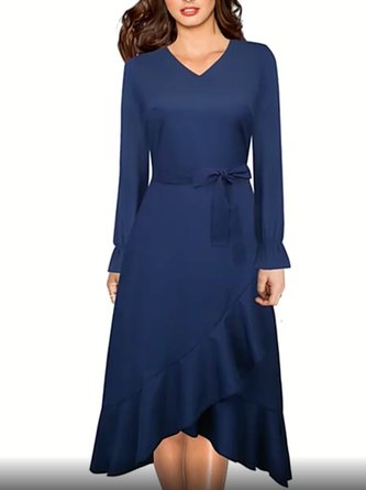 V Neck Asymmetrical Daily Midi Dress