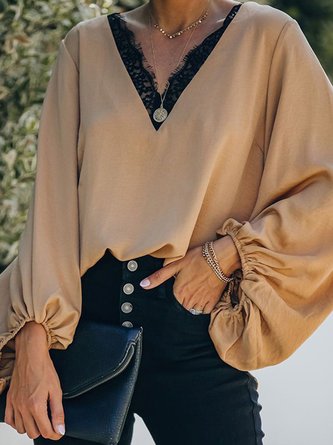 V Neck Paneled Long Sleeve Top