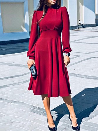 Stand Collar  A-Line Formal Elegant Midi Dress