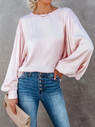 Crew Neck Solid Long Sleeve Top