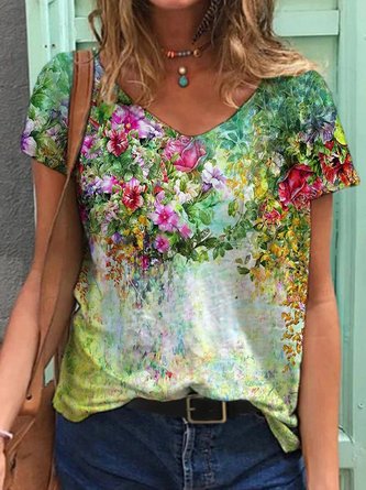 Colorful Flower Painting Short Sleeve T-Shirt