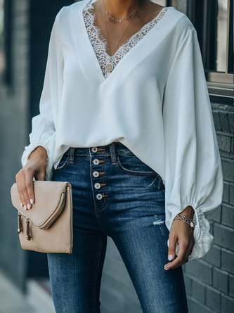 V Neck Paneled Long Sleeve Top