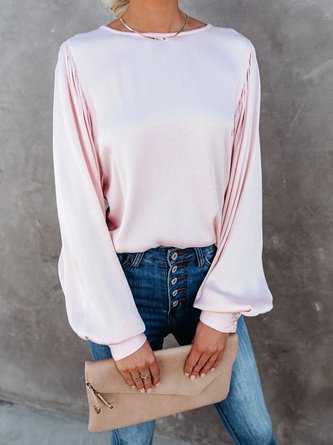 Crew Neck Solid Long Sleeve Top
