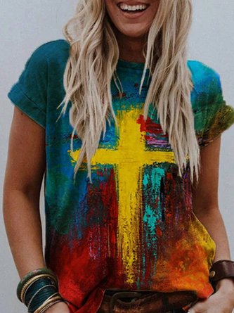 Casual Short Sleeve Floral-Print Crew Neck Top