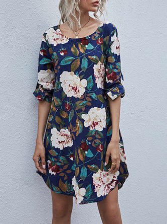 Crew Neck Printed Long Sleeve Mini Dress