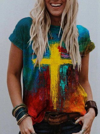 Casual Short Sleeve Floral-Print Crew Neck Top