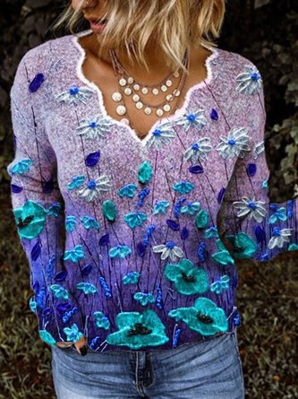 New Women Fashion Plus Size Casual Floral Vintage Long Sleeve V Neck Shirts Tops