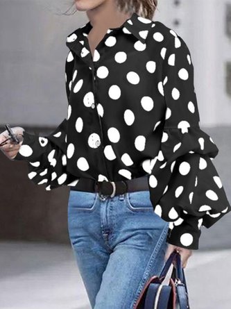 Polka Dots Shift Long Sleeve Shirt Collar Top