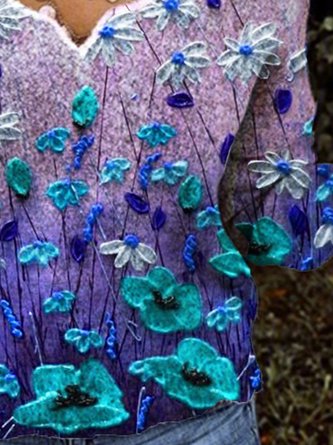 New Women Fashion Plus Size Casual Floral Vintage Long Sleeve V Neck Shirts Tops