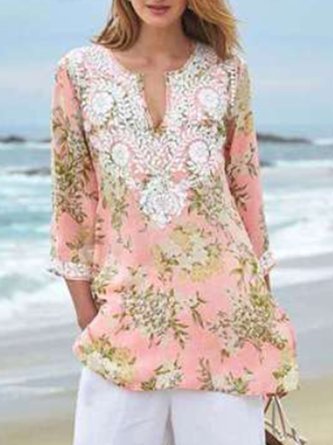 3/4 Sleeve V Neck Printed Top