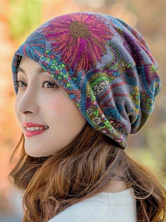 Vintage Multicolor Geometric Floral Printed Casual Knitted Hat