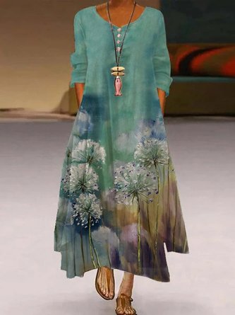 Long Sleeve Crew Neck Buttoned A-Line Maxi Dress