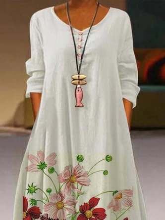 Crew Neck A-Line Asymmetric Long Sleeve Maxi Dress