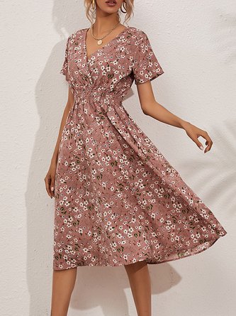 V Neck Floral Holiday Printed Dress