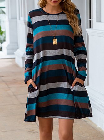 Stripes Casual Crew Neck Long Sleeve Mini Dress