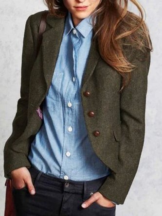 Dark Green Wool Blend Buttoned Solid Elegant Outerwear