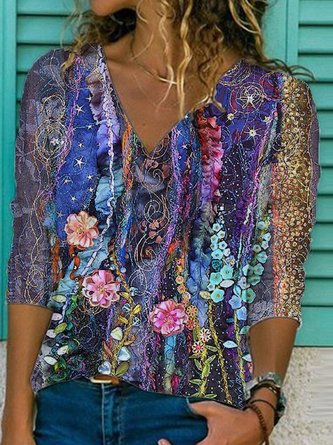 Printed Vintage Abstract Cotton-Blend Top