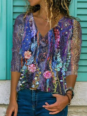 Printed Vintage Abstract Cotton-Blend Top