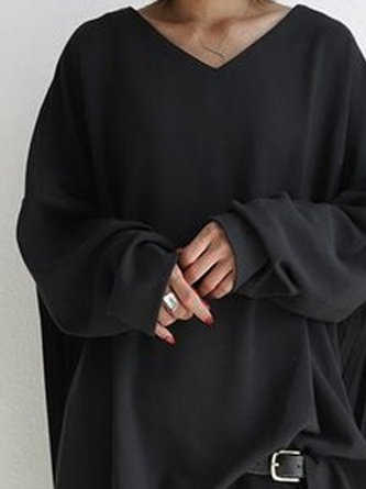 Long Sleeve Solid Shift Polyester Cotton Top