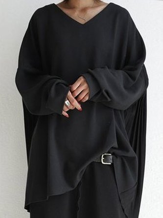 Long Sleeve Solid Shift Polyester Cotton Top