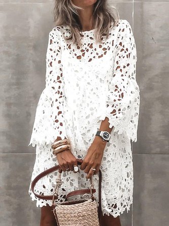 Crew Neck Guipure Lace 3/4 Sleeve Solid Dress