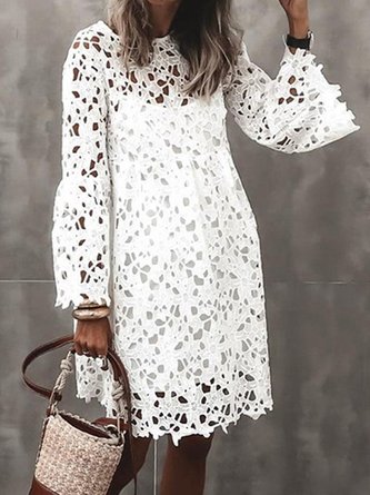 Crew Neck Guipure Lace 3/4 Sleeve Solid Dress