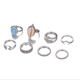Shell moon five-pointed star snake-shaped flower ring set 8-piece set