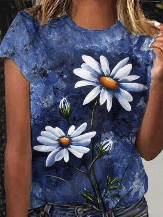 Crew Neck Short Sleeve Floral-Print Casual Shirts & Tops