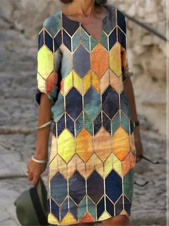 Pink Short Sleeve Geometric V Neck Dress