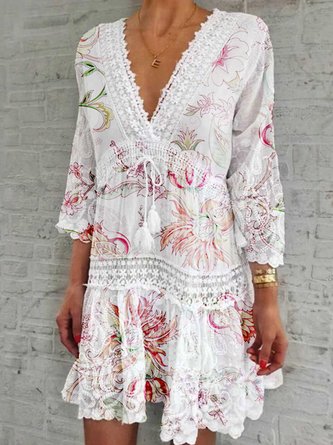V Neck A-Line 3/4 Sleeve Floral Dress
