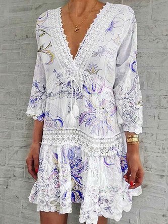 V Neck A-Line 3/4 Sleeve Floral Dress